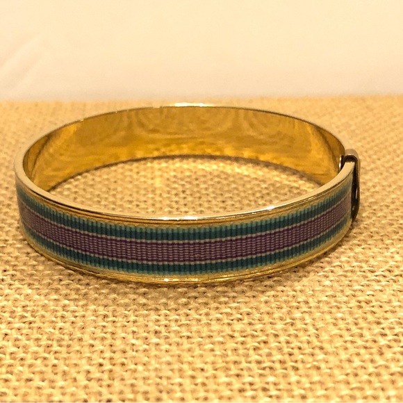 Gerard Yosca Bangle Bracelet, gold tone w/ grosgrain ribbon inlay purple & green - Picture 7 of 11